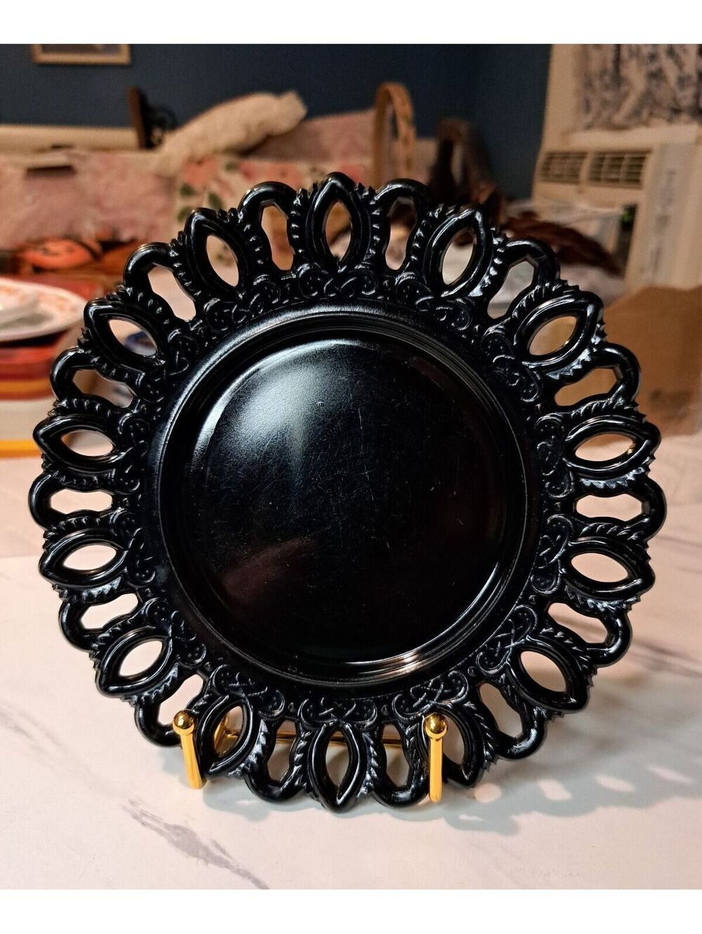 Antique Sawtooth Gothic Black Milk Glass Reticulated Plate 7"